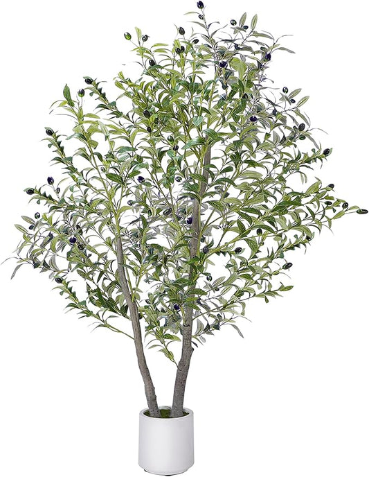 Olive Trees Artificial Indoor, 5FT Realistic Artificial Olive Tree with Natural Wood Trunk Lifelike Fruits Pre Assembled No Maintenance, Sturdy White Planter for Home Office Decor Perfect
