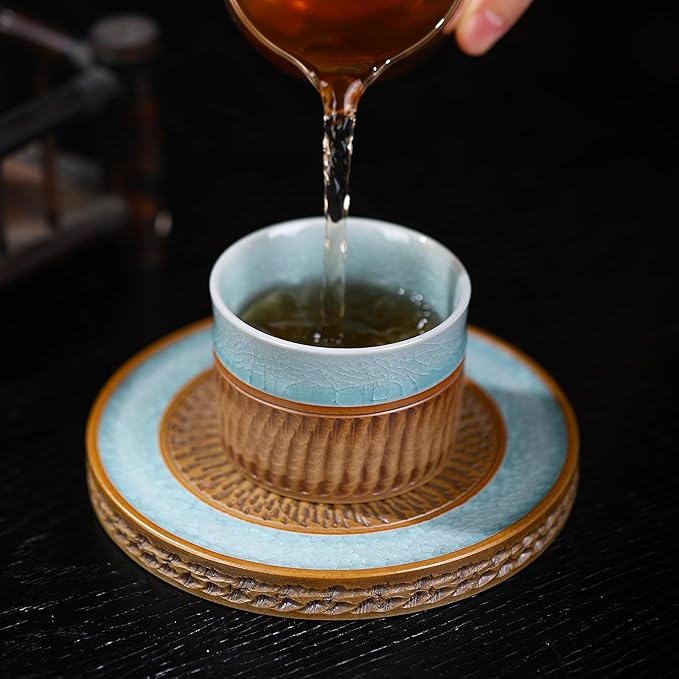 Ru Kiln Tea Cup - Handcrafted Chinese Japanese Ceramic Kungfu Tea Cup with Ice Crystal Crackle Glaze, Double Layer Insulated, Light Blue Interior & Textured Exterior for Tea/Coffee Lovers