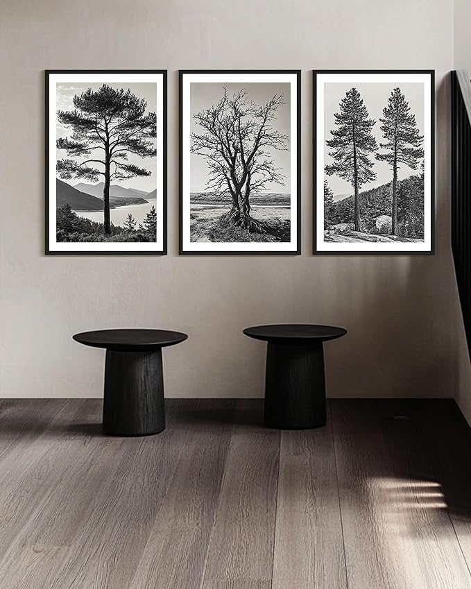 KUVIOKE Vintage Tree Framed Canvas Wall Art Black and White Retro Antique Forest Drawings Nature Wilderness Sketch Wall Painting Modern Decor 24x36in (Black Framed)