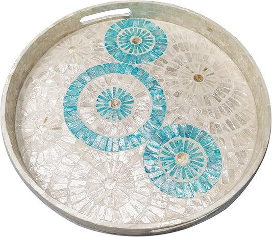 i-lan 18inch Mother of Pearl Decorative Round Table Serving Trays,Décor Blue Chic Mother of Pearl Inlay Coffee Table Tray with Handles for Display,Food, Catering, Catchall, XXL