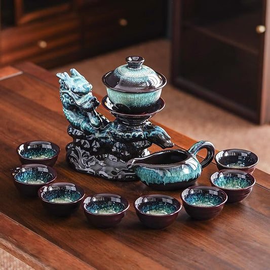 Ceramic Teapot with Infuser Semi Automatic Tea Set Magic Teapot with 8 cups Gradient Color (Gradient Dragon- B)