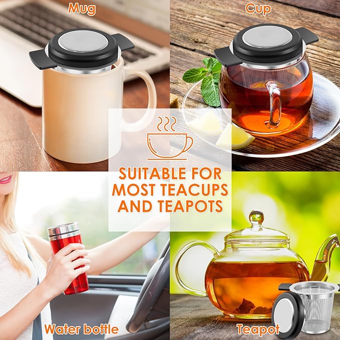 2 Pcs Tea Strainers for Loose Tea Stainless Steel Tea Steeper Large Capacity Tea Infuser Fine Mesh Tea Diffuser with Silicone Lid and Heat Proof Double Handles for Teapots Cups Mugs