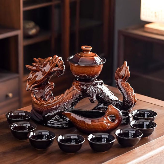 Ceramic Teapot with Infuser Semi Automatic Tea Set Magic Teapot with 8 cups Gradient Color (Yellow Dragon- A)