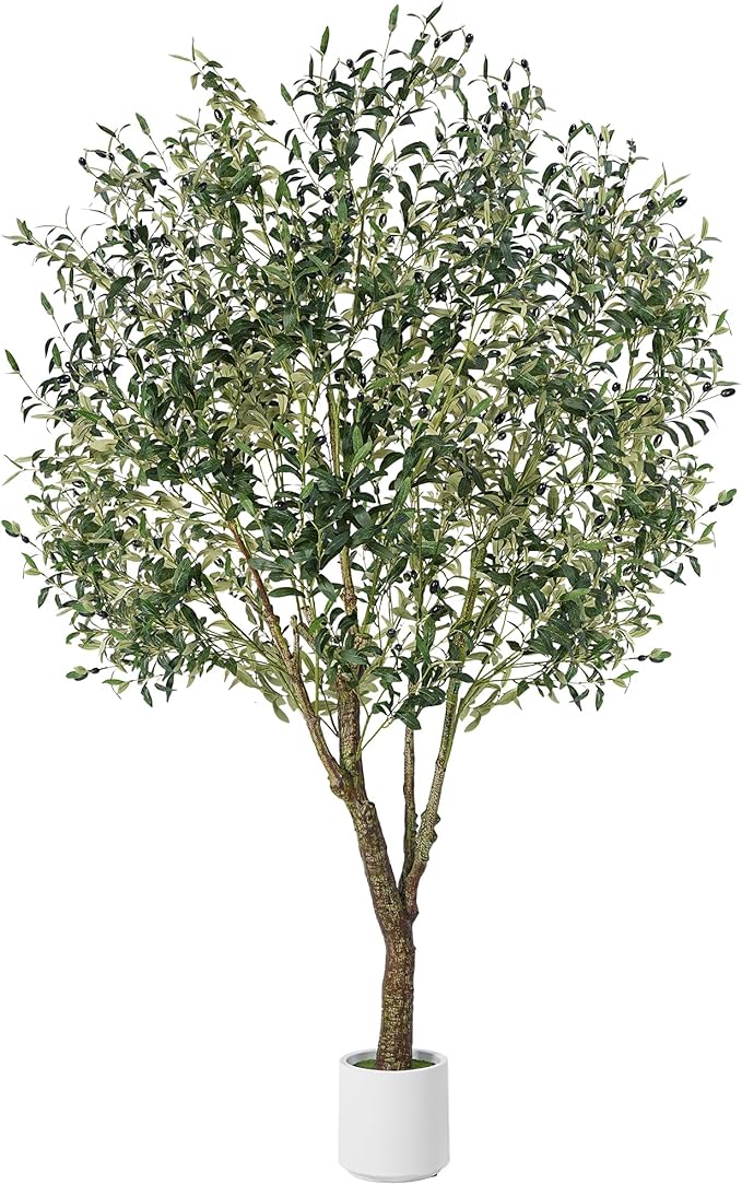 Olive Trees Artificial Indoor, 7ft Realistic Artificial Olive Tree with Natural Wood Trunk Lifelike Fruits Pre Assembled No Maintenance, Sturdy White Planter for Home Office Decor Perfect
