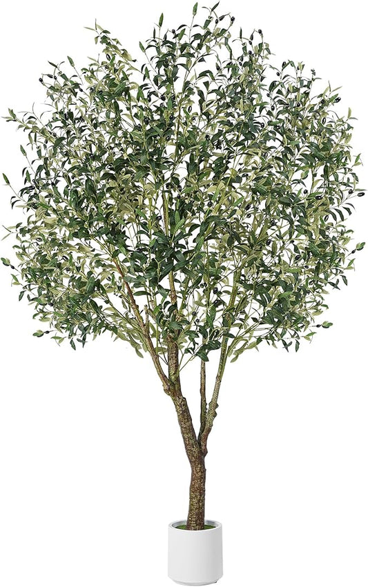 Olive Trees Artificial Indoor, 7ft Realistic Artificial Olive Tree with Natural Wood Trunk Lifelike Fruits Pre Assembled No Maintenance, Sturdy White Planter for Home Office Decor Perfect