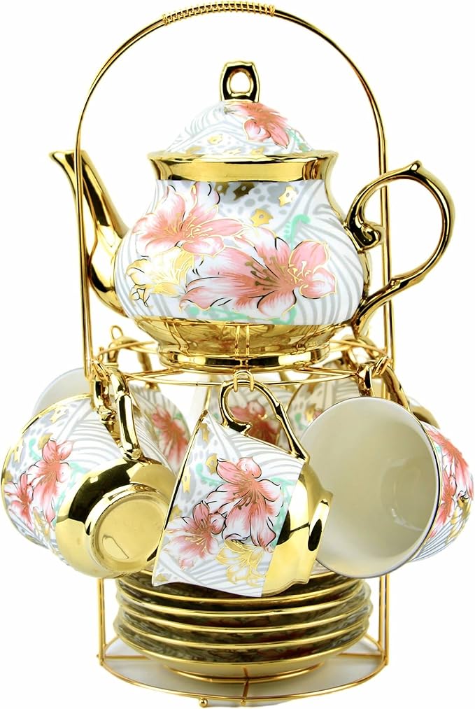 20 Pieces Porcelain Tea Set With Metal Holder, European Ceramic tea set for adults,Flower Tea Set,Tea Set For Women With Flower Painting (Large version, White)