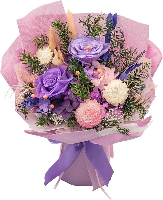 HUACHIPLUS Natural Eternal Flowers Gift: Preserved Flowers Bouquet, Anniversary, Birthday, Mom Gifts for her-Flowers for Delivery Prime-Purple Forever flower arrangement (Lilac)