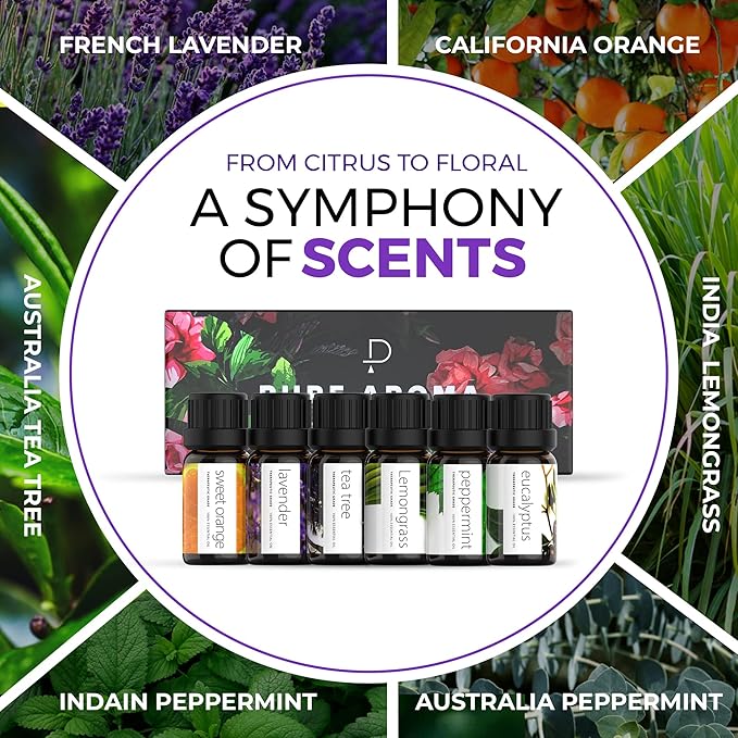 Essential Oils Set by Pure Aroma - Top 6 Aromatherapy Oils Gift Set-6 Pack, 10ml (Eucalyptus, Lavender, Lemongrass, Sweet Orange, Peppermint, Tea Tree)