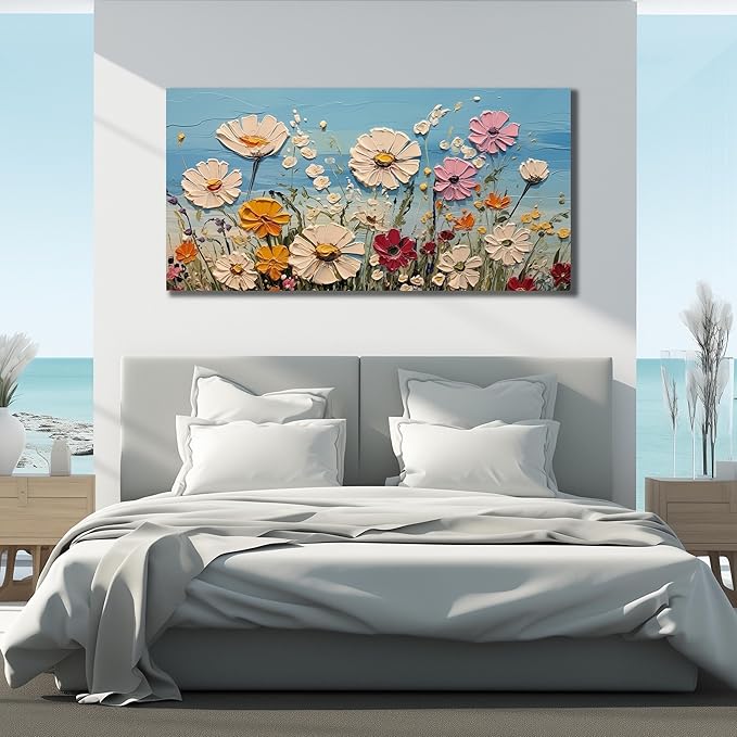 SKYRISE Colorful Floral Canvas Wall Art - Abstract Flower Pictures with Blue Background for Living Room Bedroom Office Wall Decor, Printed Painting Artwork Home Decorations, Large Size 58x29 Inches