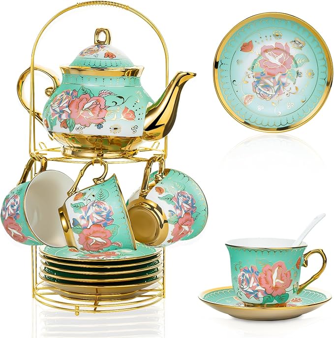 20 Pieces Porcelain Tea Set With Metal Holder, European Ceramic tea set for adults,Flower Tea Set,Tea Set For Women With Flower Painting (Large version, Green)