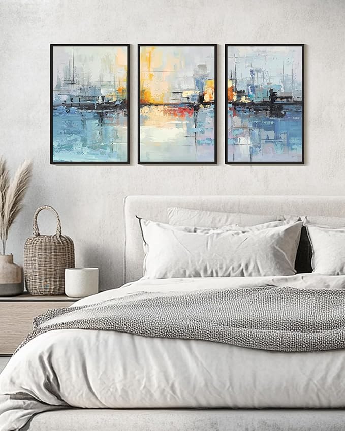 KUVIOKE Navy Blue Abstract Landscape Framed Canvas Wall Art Graffiti Shape Pastel Wall Decor Modern Minimalist Art Painting for Bedroom Dining Room 16x24in (Black Framed)