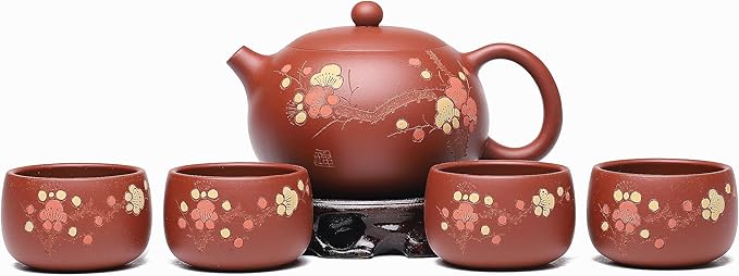 Fine Zisha Tea Pot Set,Master Handmade Genuine Yixing Clay Teapot 11.3 Oz with 4 Cups,Xishi Tea Set,Zhuni Red Beauty Clay