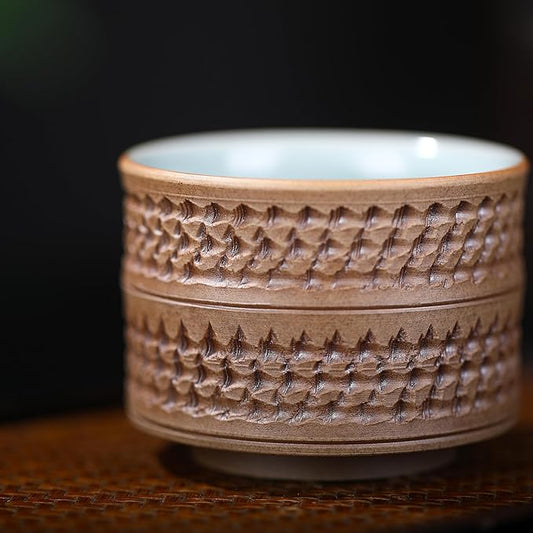 Ru Kiln Tea Cup - Handcrafted Chinese-Japanese Ceramic Kungfu Tea Cup with Ice Crystal Crackle Glaze, Double Layer Insulated, Light Blue Interior & Textured Exterior for Tea/Coffee Lovers