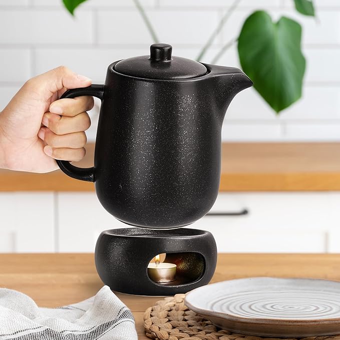 Teapot with Warmer Set, 1.2 L, Ceramic Teapot with Strainer Insert and Candle Warmer, Tea Pot, Teapot with Ceramic Warmer