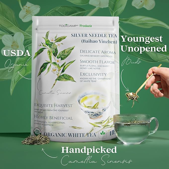 TODICAMP Organic Silver Needle Tea - 1 lb of Premium Organic White Tea Loose Leaf