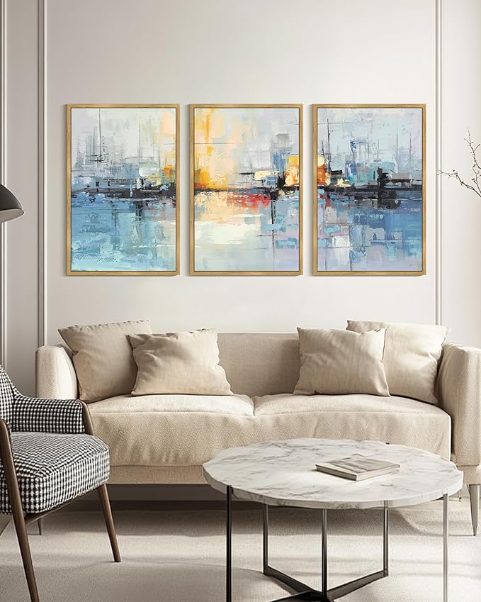 KUVIOKE Navy Blue Abstract Landscape Framed Canvas Wall Art Graffiti Shape Pastel Wall Decor Modern Minimalist Art Painting for Bedroom Dining Room 24x36in (Natural Framed)