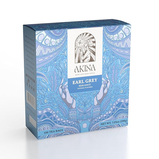 Akina Earl Grey Tea, Naturally Flavored Black Tea | 100% Single-Origin | Kenyan Origin, Gourmet (100 String & Tag Bags, 200g)