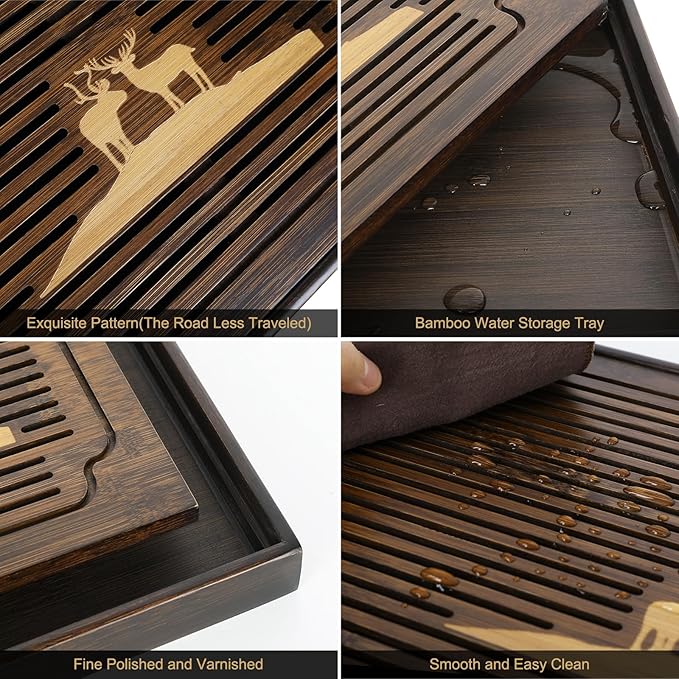 Ufine 15.7 Inch Bamboo Gongfu Tea Tray Large Tea Table Box with Water Storage Chinese Kung Fu Tea Serving Tray