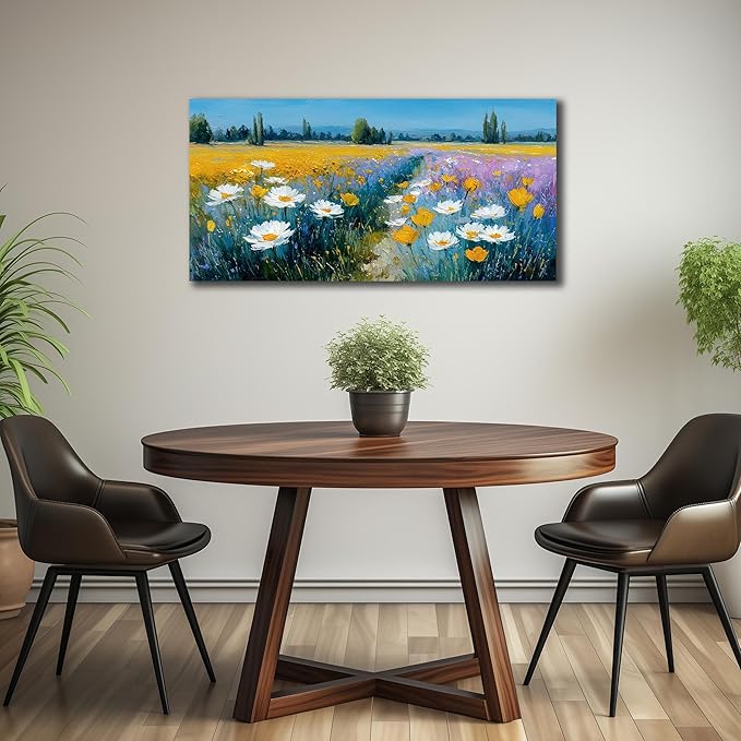 White Daisy Floral Canvas Wall Art - Abstract Yellow Wildflowers Landscape Nature Pictures with Blue Background for Living Room Bedroom Office Wall Decor, Printed Painting Artwork, Size 40x20 Inches