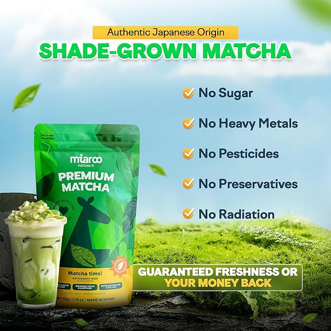 Miaroo Japanese Ceremonial Grade Matcha Green Tea Powder - Coffee Replacement for Energy, Calm Focus & No Jitters or Crash | Perfect for Lattes, Smoothies, Detox & baking, 50g Matcha (25 Servings, 70mg Caffeine)