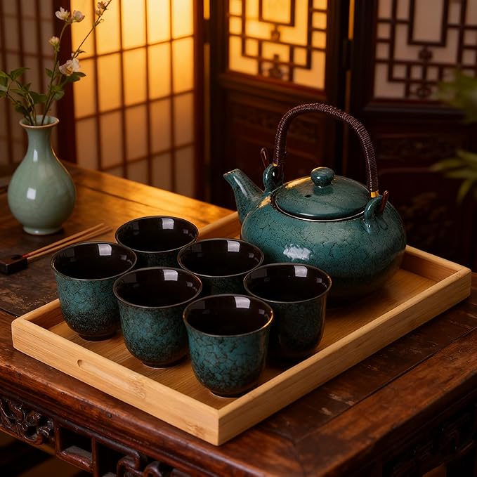 KEYDUACU Japanese Tea Set, Ceramic Tea Set, Plum Blossom Embossed, Teapot, 6 Teacups, Tea Tray, Strainer, Home, Outdoor, Gift, Chinese Kung Fu Tea Set (Pine Green)