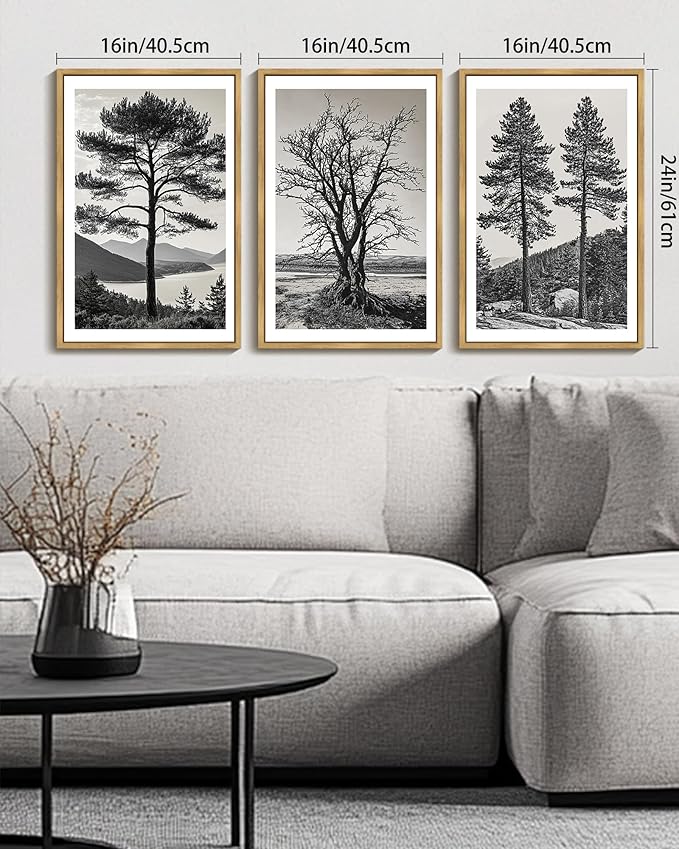 KUVIOKE Vintage Tree Framed Canvas Wall Art Black and White Retro Antique Forest Drawings Nature Wilderness Sketch Wall Painting Modern Decor 16x24in (Natural Framed)