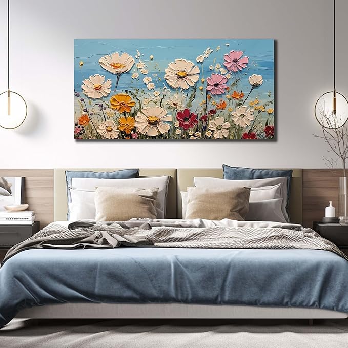 SKYRISE Colorful Floral Canvas Wall Art - Abstract Flower Pictures with Blue Background for Living Room Bedroom Office Wall Decor, Printed Painting Artwork Home Decorations, Large Size 58x29 Inches