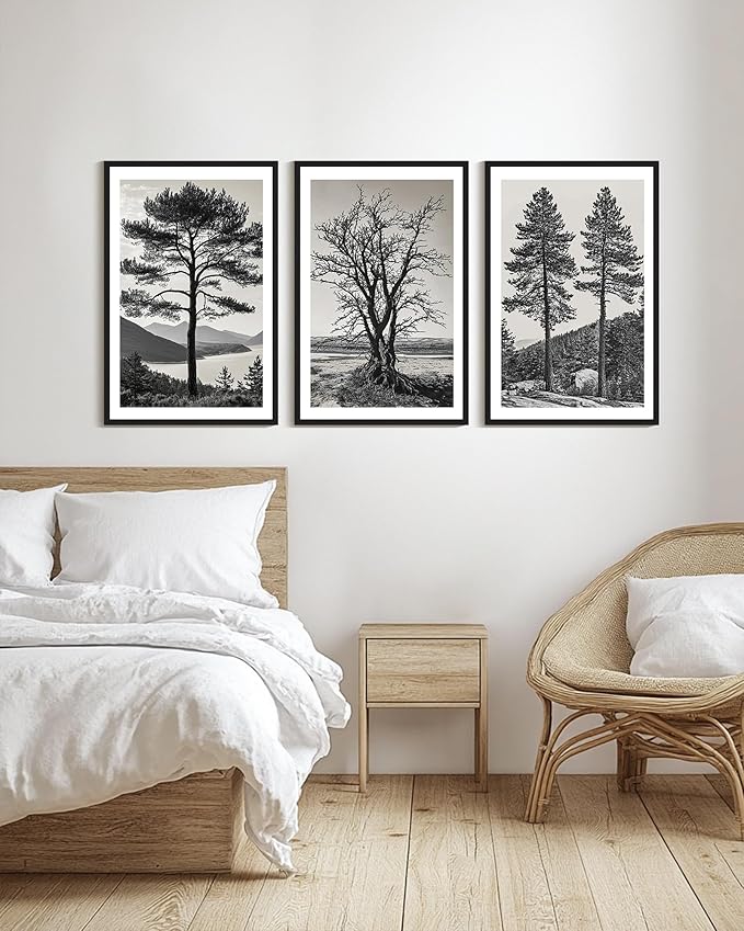 KUVIOKE Vintage Tree Framed Canvas Wall Art Black and White Retro Antique Forest Drawings Nature Wilderness Sketch Wall Painting Modern Decor 24x36in (Black Framed)