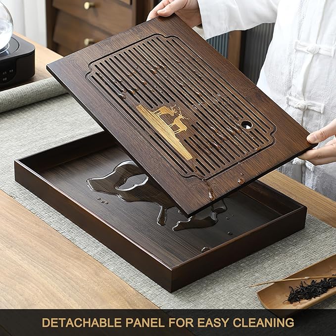 Ufine 15.7 Inch Bamboo Gongfu Tea Tray Large Tea Table Box with Water Storage Chinese Kung Fu Tea Serving Tray