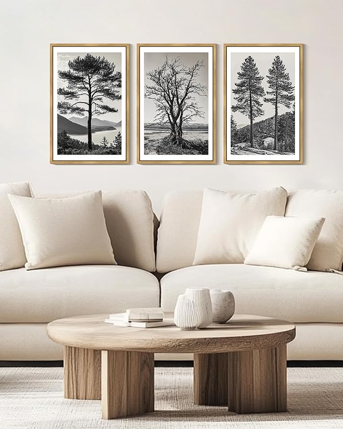 KUVIOKE Vintage Tree Framed Canvas Wall Art Black and White Retro Antique Forest Drawings Nature Wilderness Sketch Wall Painting Modern Decor 16x24in (Natural Framed)