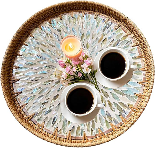 i-lan 14Inch Round Mother of Pearl Inlay Rattan Tray Display, Rattan Coffee Bread Serving Tray with MOP Inlay Wooden Base, Decorative Wicker Basket for Table Decor, Storage of Fruit,Candy