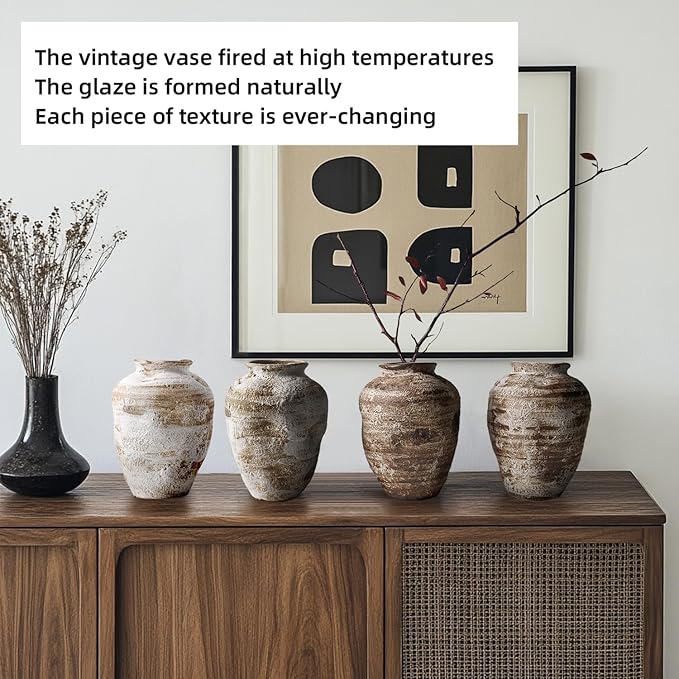 Ceramic Farmhouse Vase Rustic Decor,Pottery Decorative Flower Vases for Home Decor,Boho Vase for Table, Living Room,Bathroom,Shelf,Mantel Decoration,7.7 inch