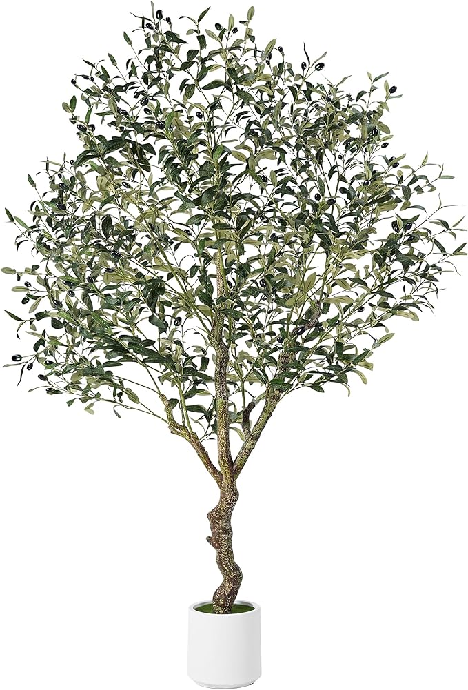 Olive Trees Artificial Indoor, 6FT Tall Faux Olive Tree with White Tall Planter, Artificial Plants with Natural Wood Trunk and Lifelike Fruits for Home Office Decor, 1 Pack