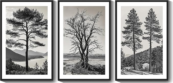 KUVIOKE Vintage Tree Framed Canvas Wall Art Black and White Retro Antique Forest Drawings Nature Wilderness Sketch Wall Painting Modern Decor 24x36in (Black Framed)