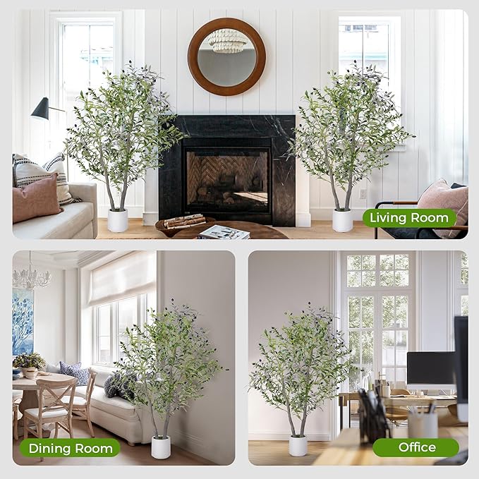 Olive Trees Artificial Indoor, 5FT Realistic Artificial Olive Tree with Natural Wood Trunk Lifelike Fruits Pre Assembled No Maintenance, Sturdy White Planter for Home Office Decor Perfect