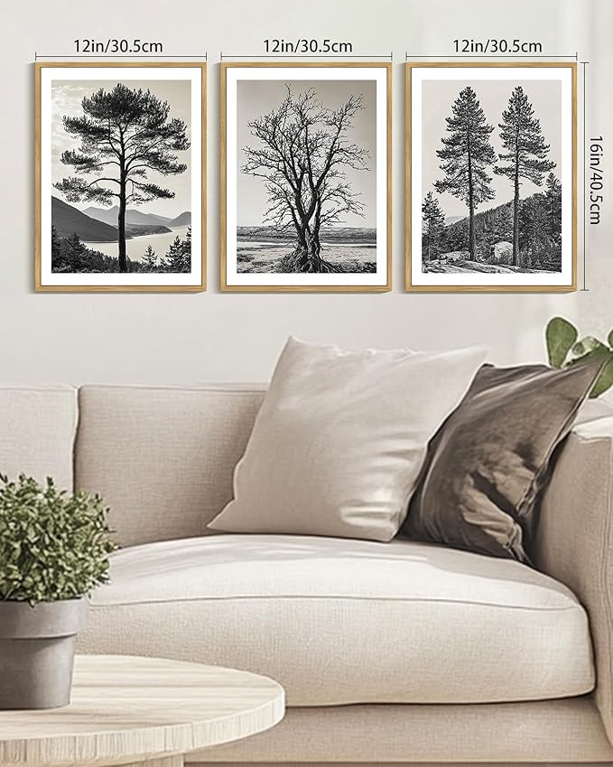 KUVIOKE Vintage Tree Framed Canvas Wall Art Black and White Retro Antique Forest Drawings Nature Wilderness Sketch Wall Painting Modern Decor 12x16in (Natural Framed)