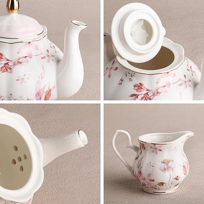 fanquare 21 Pieces British Porcelain Tea Set with Gold Trim, Pink Autumn Leaves Floral Tea Sets for Women Tea Party, 6 Teacup and Saucers for Coffee Home Wedding