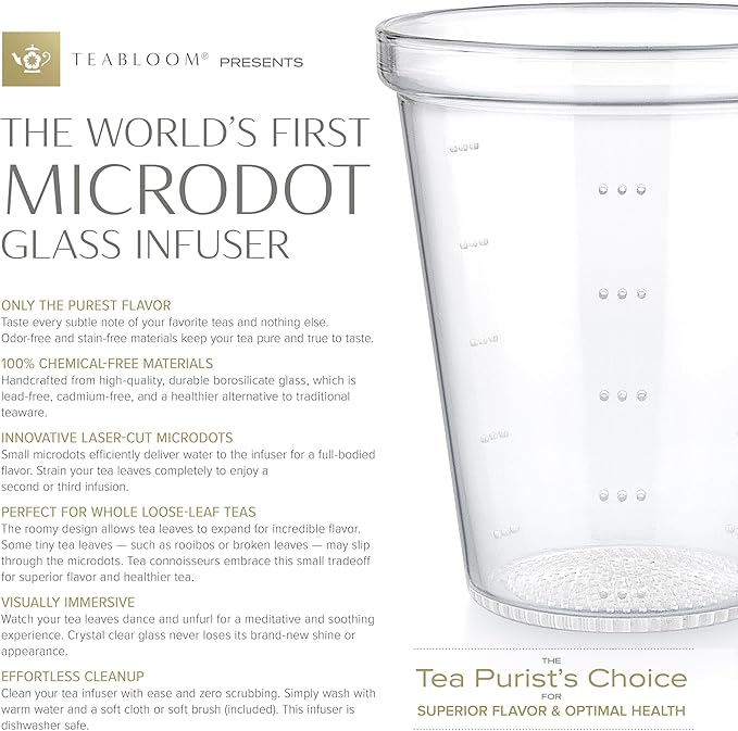Teabloom Pure Connoisseur Heatproof Glass Teapot And Infuser With Microdots For Loose-Leaf Teas - 34 Ounces (Flexible 4+ Cup Capacity)