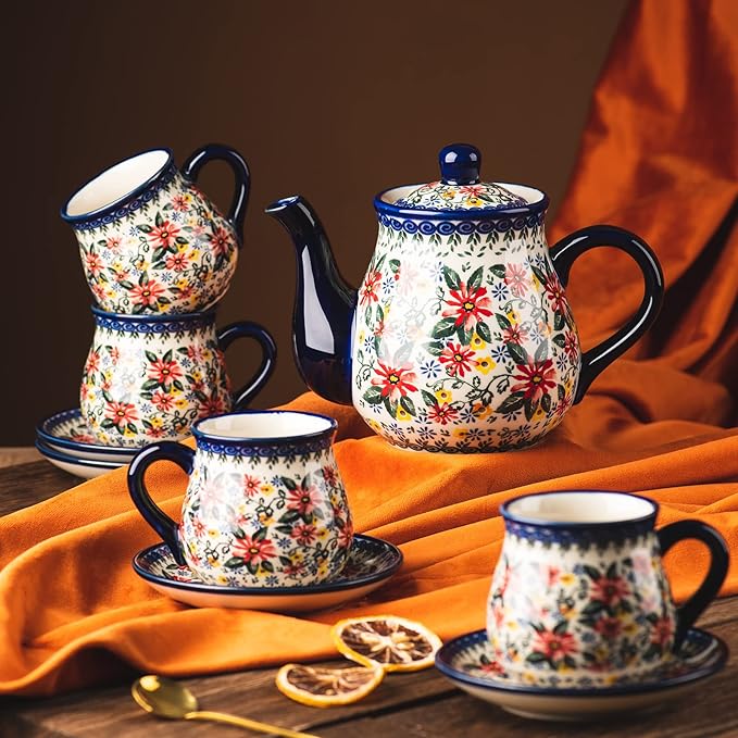 polish pottery style porcelain ceramic 10 piece Tea set,7.2oz tea cup and sauce set of 4,28.2oz teapot and wooden serving tray.（ Exotic Daisy）