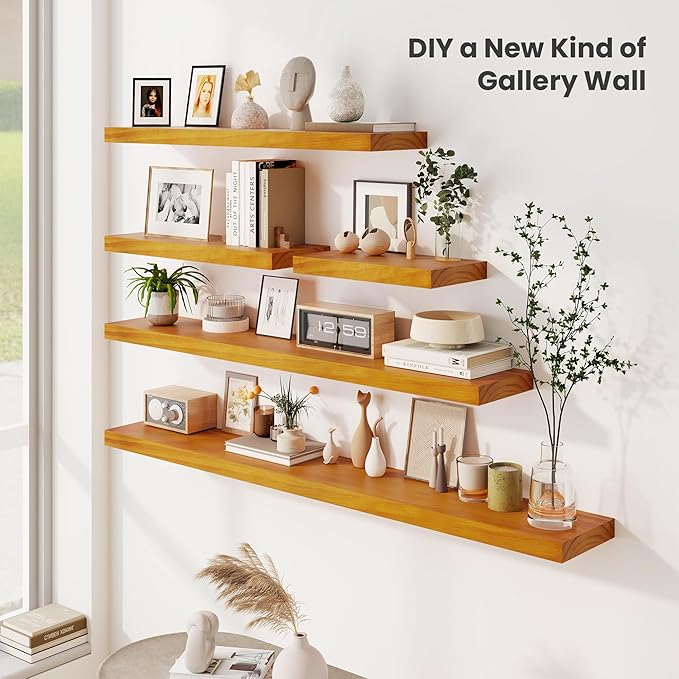 Fun Memories Wood Floating Shelves Set of 2, Rustic Pine Wood Floating Shelves for Wall Mounting, Wide Wall Shelf for Home Decor and Storage, 36" W x 7" D, Honey Oak