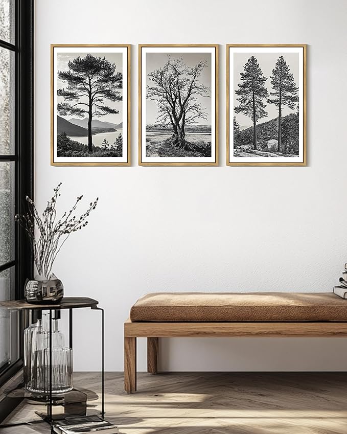 KUVIOKE Vintage Tree Framed Canvas Wall Art Black and White Retro Antique Forest Drawings Nature Wilderness Sketch Wall Painting Modern Decor 16x24in (Natural Framed)