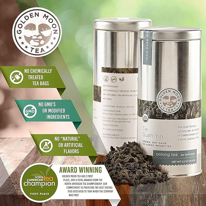 Golden Moon Tea Tie Guan Yin Oolong Tea - Organic Green Tea - Wulong Variety - Loose Leaf, Non-GMO - Half Pound (92 Servings)