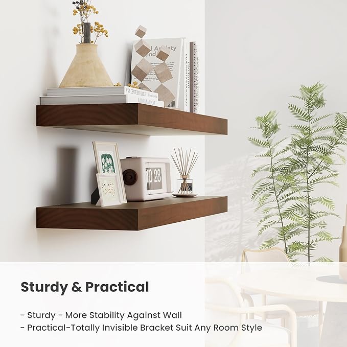 Fun Memories Wood Floating Shelves Set of 2, Rustic Pine Wood Floating Shelves for Wall Mounting, Wide Wall Shelf for Home Decor and Storage, 36" W x 7" D, Walnut