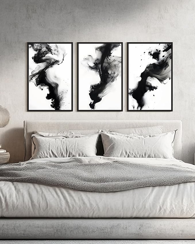 KUVIOKE Black White Abstract Framed Canvas Wall Art Ink Wash Pastel Wall Decor Modern Rendering Illustration Art Painting for Bedroom Dining Room 24x36in (Black Framed)