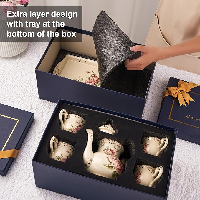 YOLIFE Porcelain Tea Set Vintage Rose, Tea Cups with Teapot, Serving Tray and Teaspoon Service for 4, Suitable for Tea Party Gifts