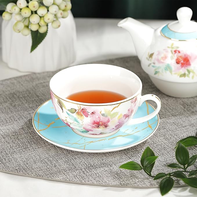 fanquare Pink Floral Teapot, Tea Cup and Saucer Set with Gold Trim, Porcelain Tea for One Tea Set for Gift, Blue