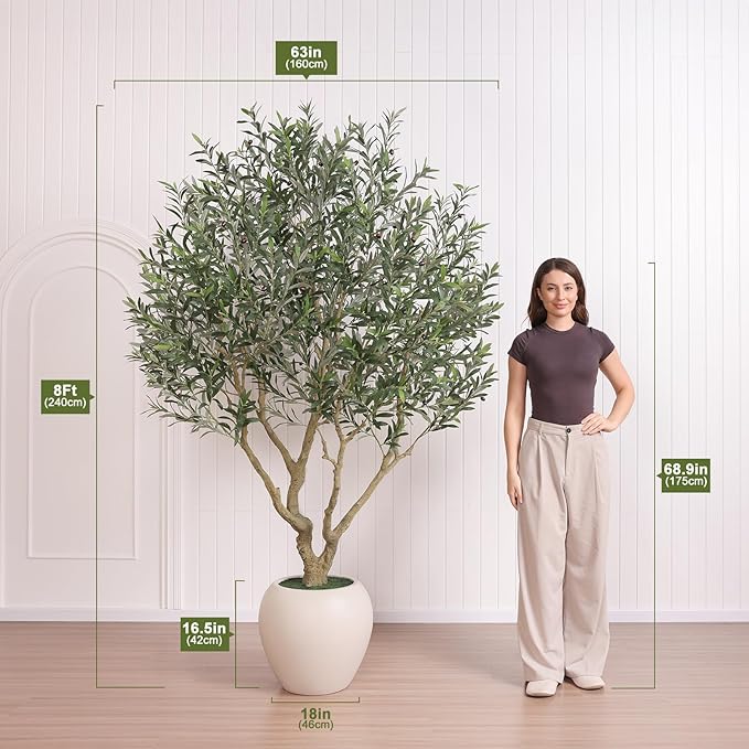 Olive Tree Artificial Indoor, 8FT Tall Faux Olive Tree with 18in White Planter, Artificial Plants with Natural Wood Trunk and Lifelike Fruits for Home Office Decor,VN205