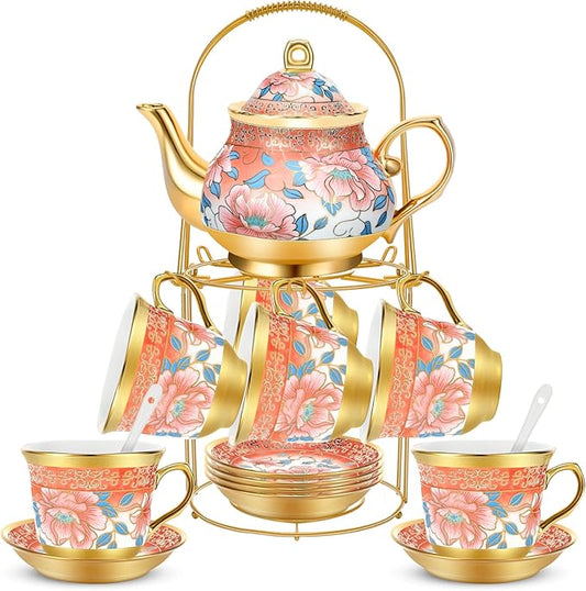 20 Pcs Porcelain Tea Set for Adults with Metal Holder and Spoon European Ceramic Tea Party Set Flower Painting Teapot Cup Gold Plated Saucer for Women, Serving 6 People(Attractive)