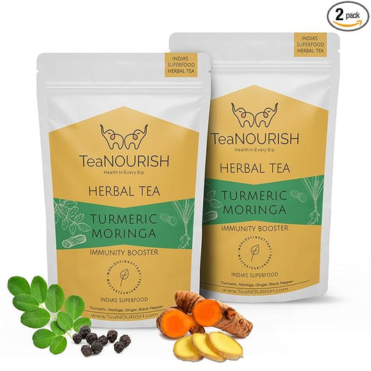 TeaNOURISH Turmeric Moringa Herbal Tea | Blend of Indian Superfoods Turmeric, Moringa, Ginger & Black Pepper | Supports Immunity | 100% NATURAL INGREDIENTS - 3.53oz/100g (Pack of 2)