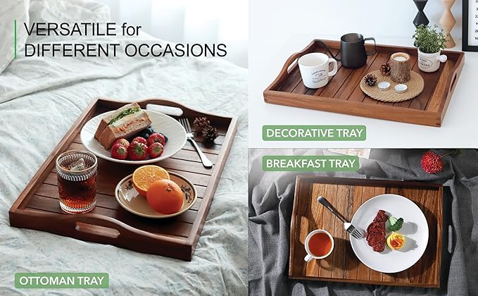 Large Acacia Wooden Serving Tray with Handles 20 x 14 inch Decorative Coffee Table Ottoman Tray for Living Room Extra Large for Kitchen Dinner Food Bar Breakfast in Bed (Color Natural)